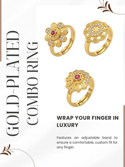 Gold Plated Adjustable Combo of 3 Rings for Women