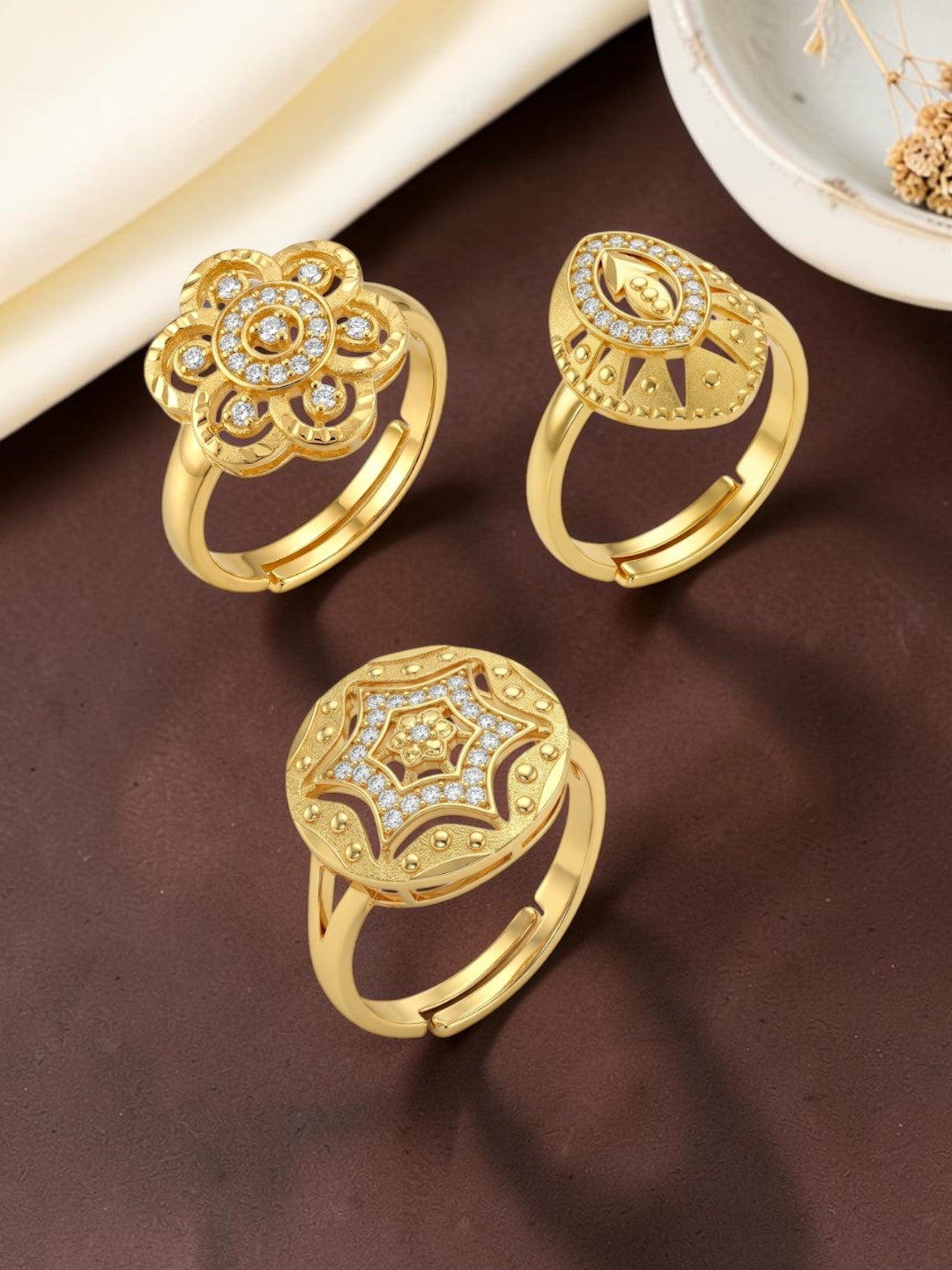 Gold Plated Adjustable Combo of 3 Rings for Women