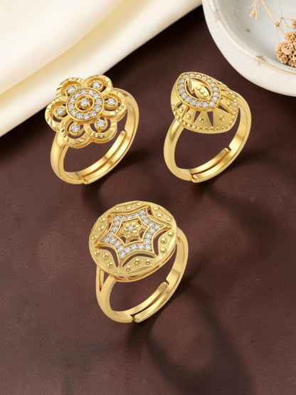 Gold Plated Adjustable Combo of 3 Rings for Women