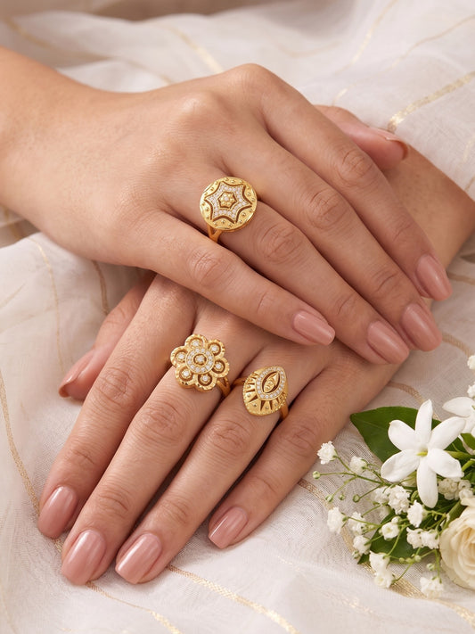Gold Plated Adjustable Combo of 3 Rings for Women