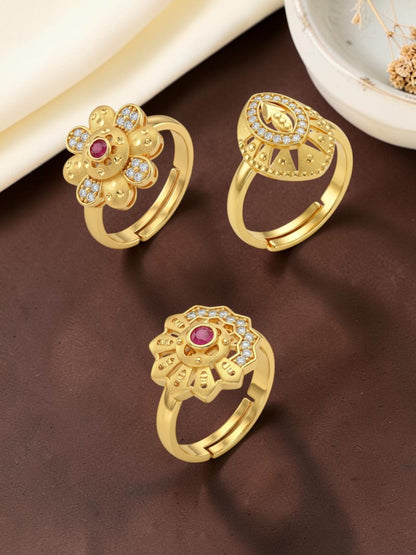 Gold Plated Adjustable Combo of 3 Rings for Women