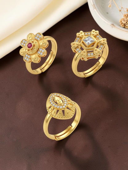 Gold Plated Adjustable Combo of 3 Rings for Women