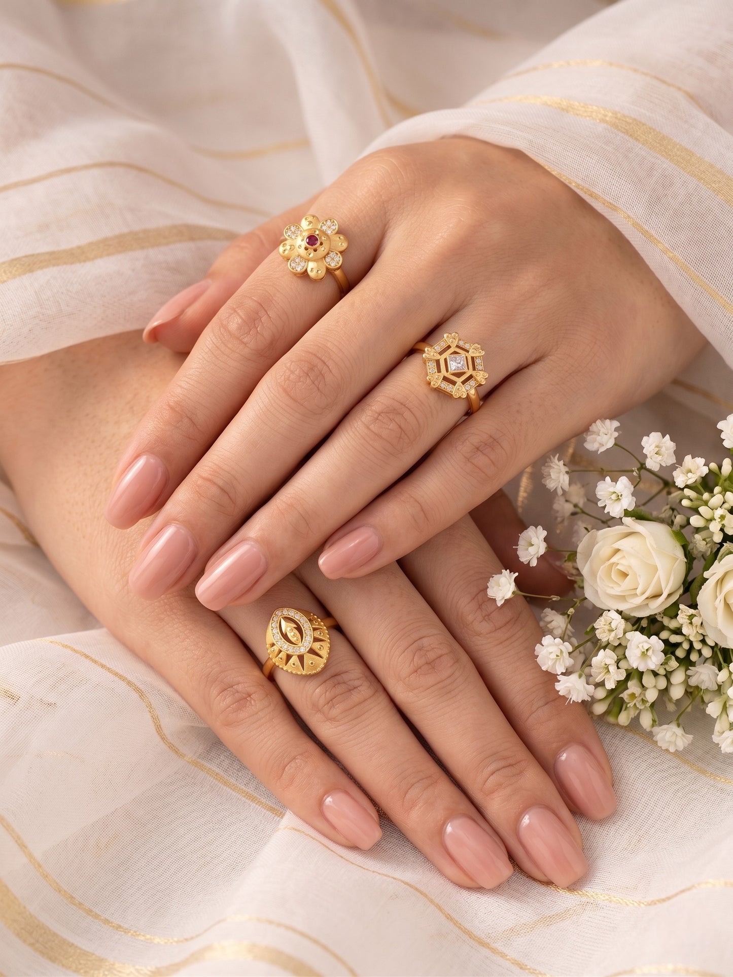 Gold Plated Adjustable Combo of 3 Rings for Women