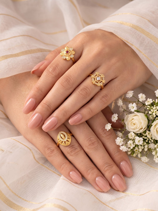 Gold Plated Adjustable Combo of 3 Rings for Women