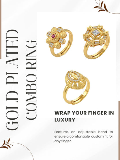 Gold Plated Adjustable Combo of 3 Rings for Women