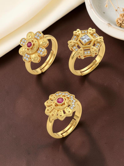 Gold Plated Adjustable Combo of 3 Rings for Women