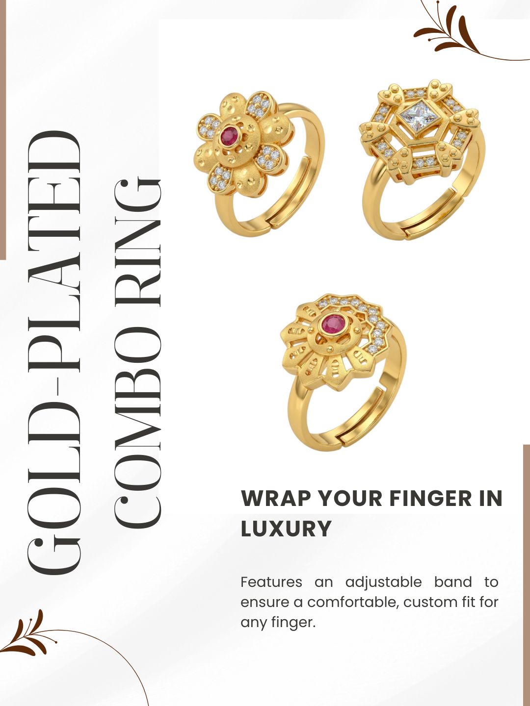 Gold Plated Adjustable Combo of 3 Rings for Women