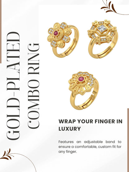 Gold Plated Adjustable Combo of 3 Rings for Women