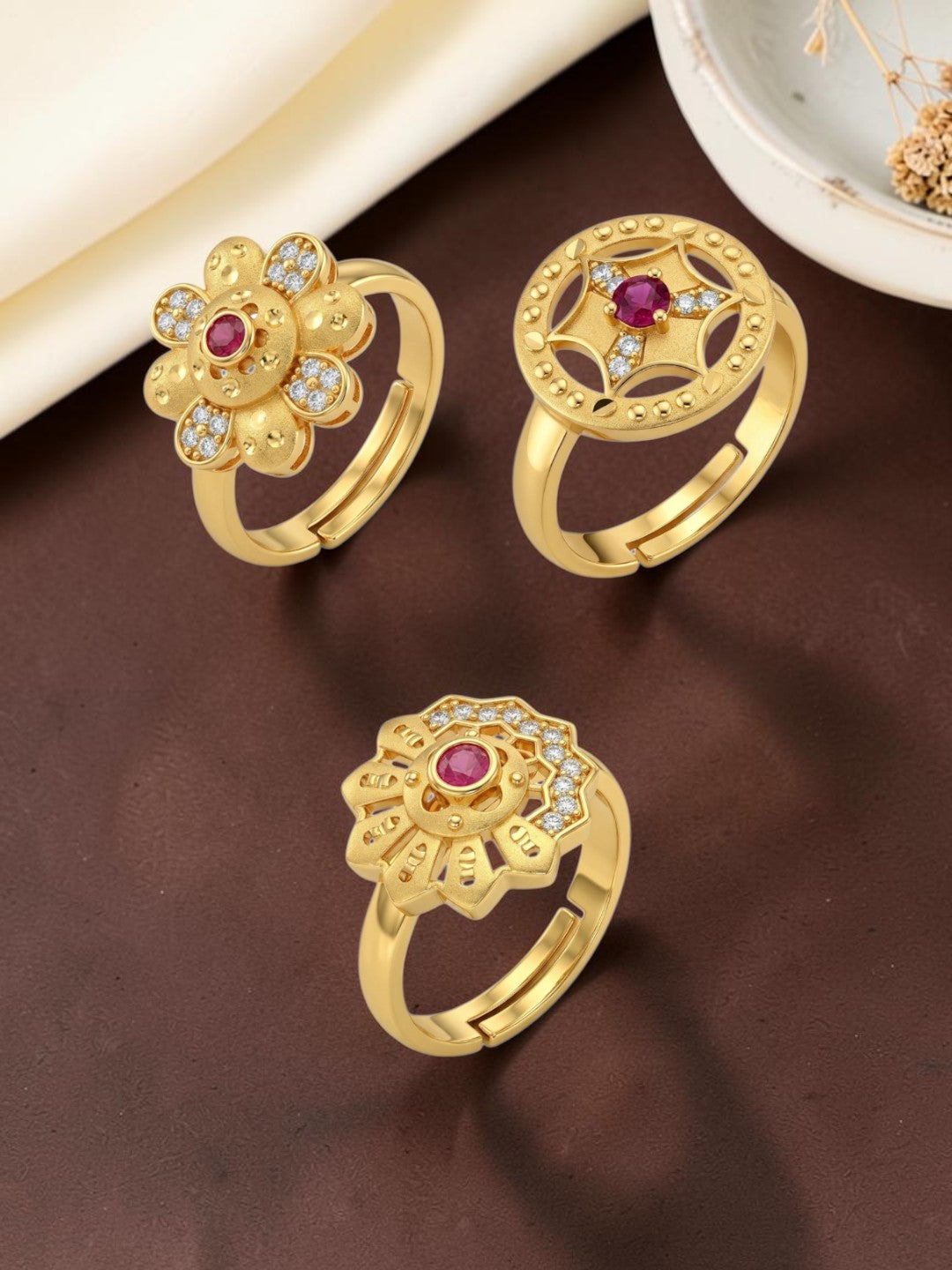 Gold Plated Adjustable Combo of 3 Rings for Women