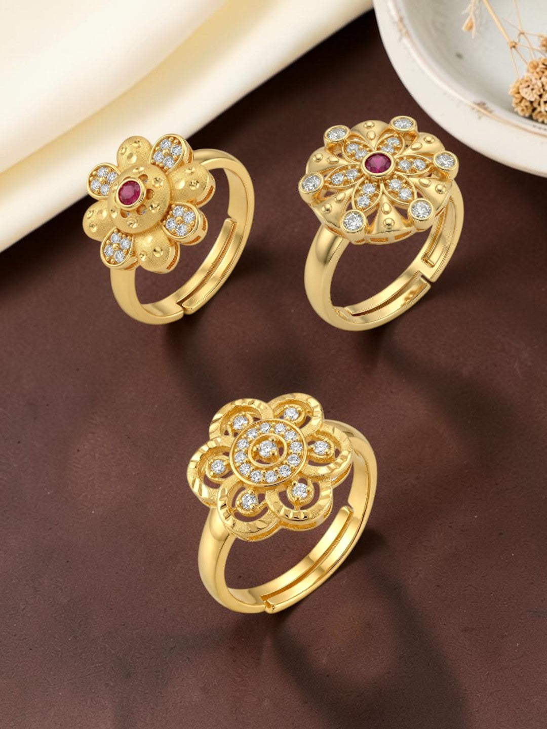 Gold Plated Adjustable Combo of 3 Rings for Women
