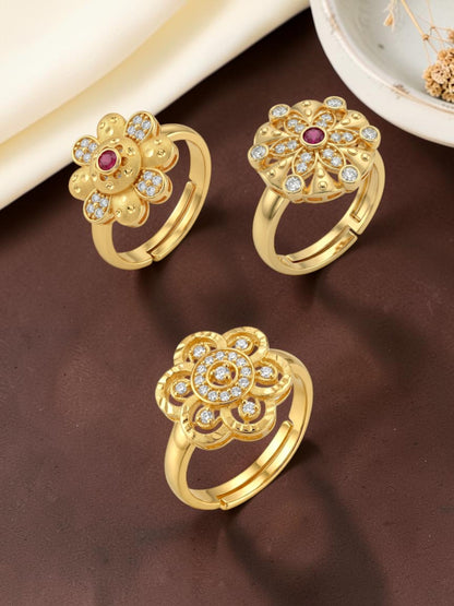 Gold Plated Adjustable Combo of 3 Rings for Women