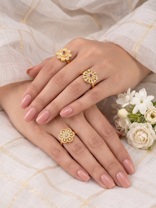 Gold Plated Adjustable Combo of 3 Rings for Women