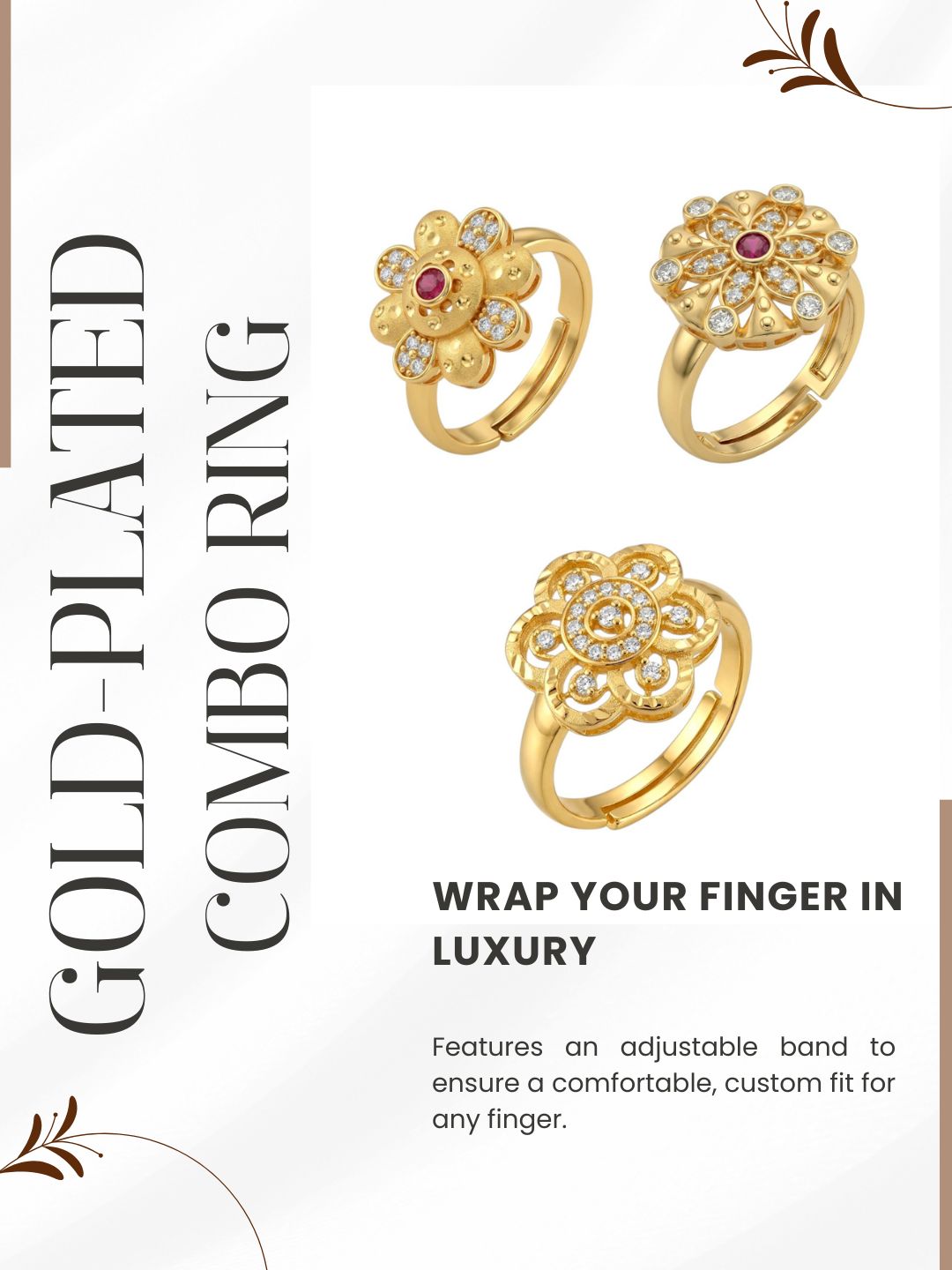 Gold Plated Adjustable Combo of 3 Rings for Women