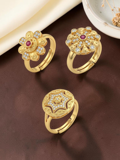Gold Plated Adjustable Combo of 3 Rings for Women