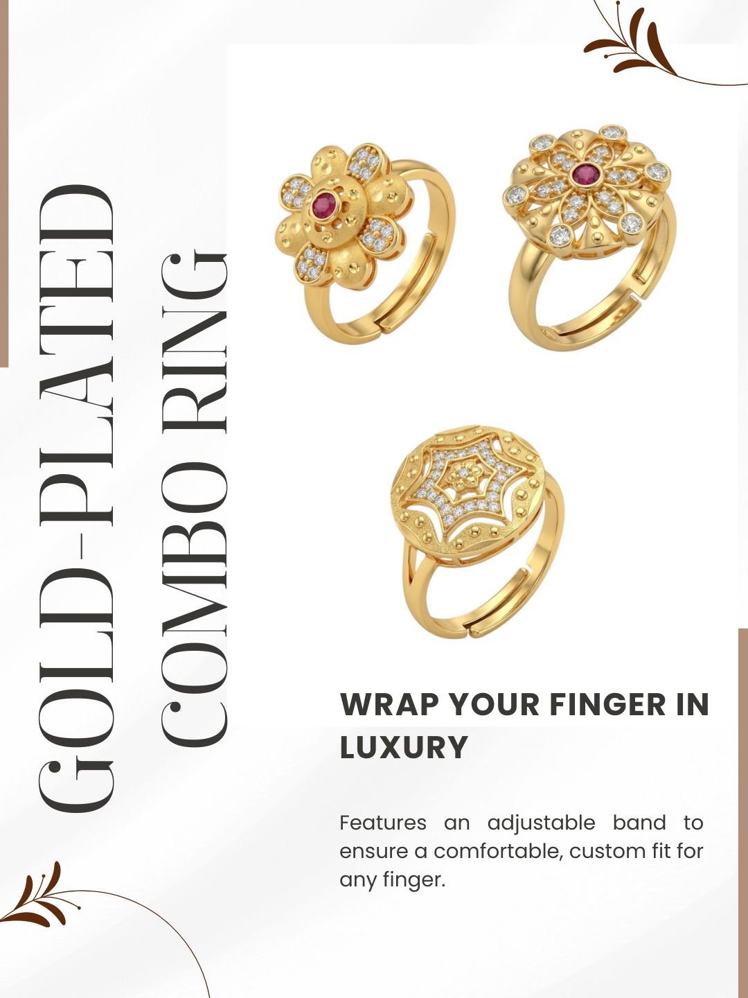 Gold Plated Adjustable Combo of 3 Rings for Women