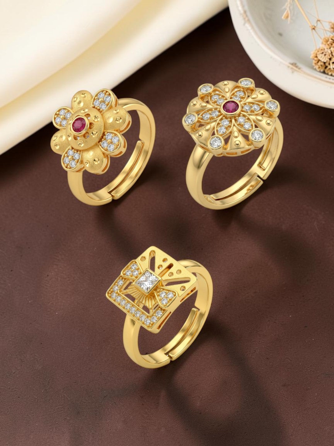Gold Plated Adjustable Combo of 3 Rings for Women