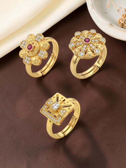 Gold Plated Adjustable Combo of 3 Rings for Women