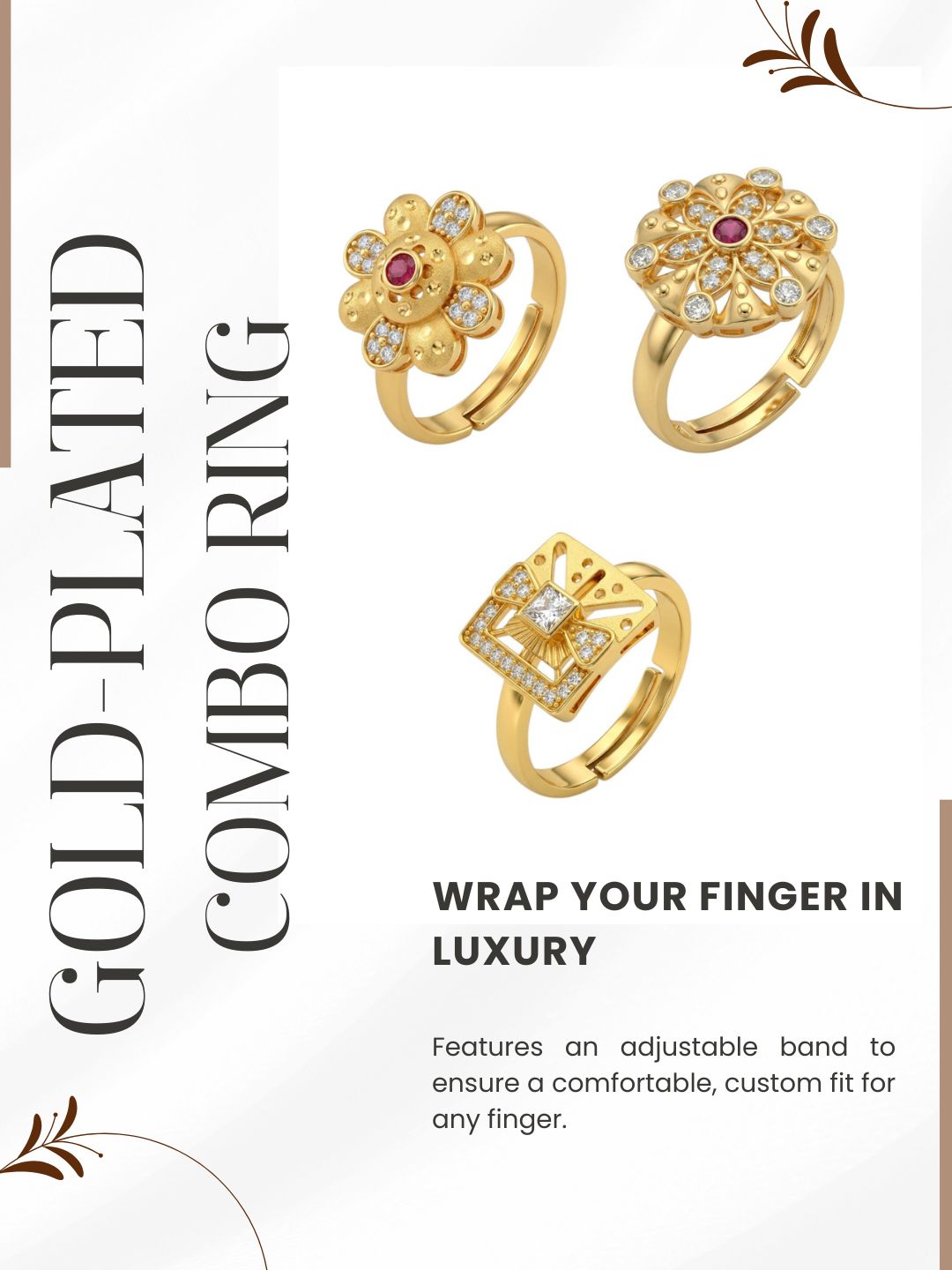 Gold Plated Adjustable Combo of 3 Rings for Women