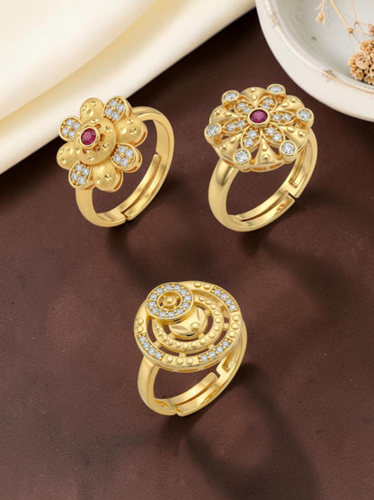 Gold Plated Adjustable Combo of 3 Rings for Women