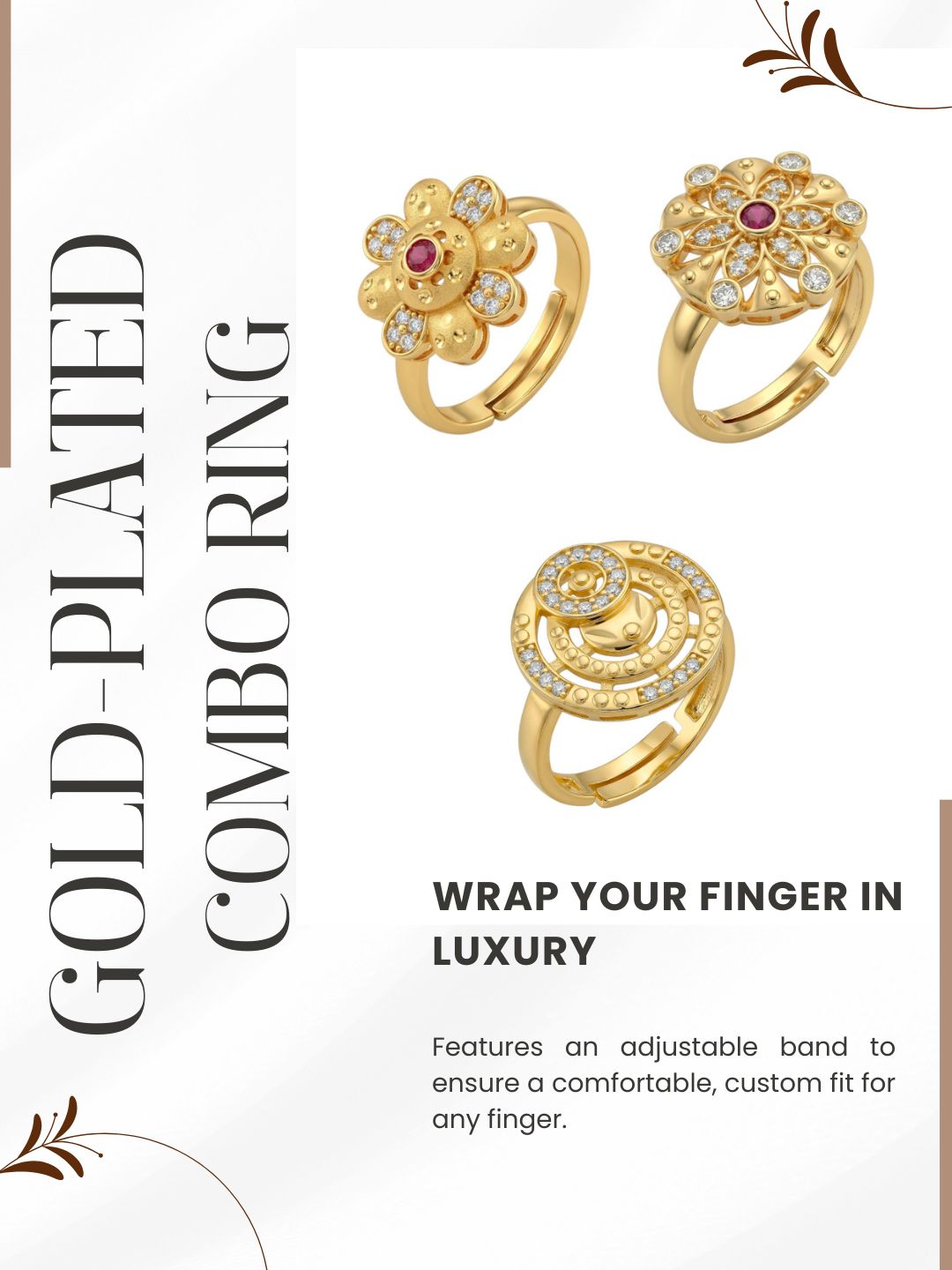 Gold Plated Adjustable Combo of 3 Rings for Women