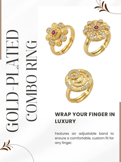 Gold Plated Adjustable Combo of 3 Rings for Women