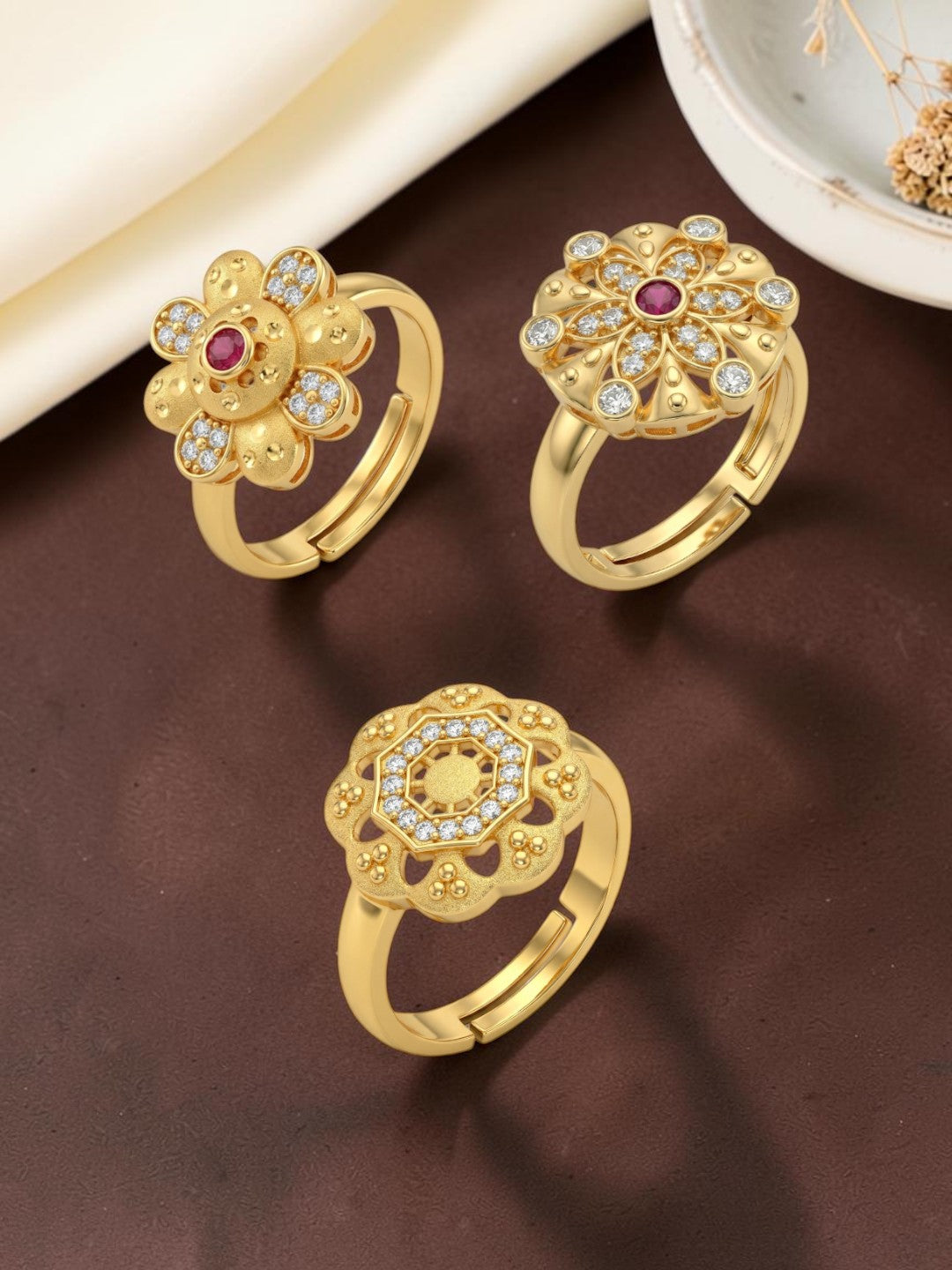 Gold Plated Adjustable Combo of 3 Rings for Women