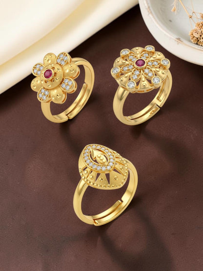 Gold Plated Adjustable Combo of 3 Rings for Women