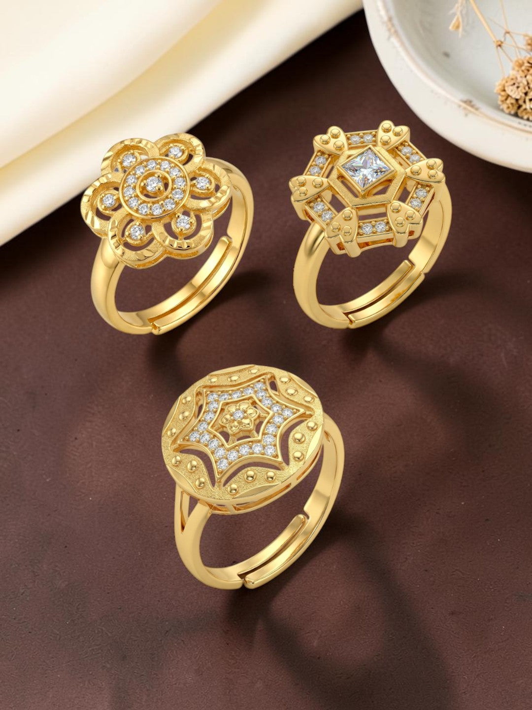 Gold Plated Adjustable Combo of 3 Rings for Women