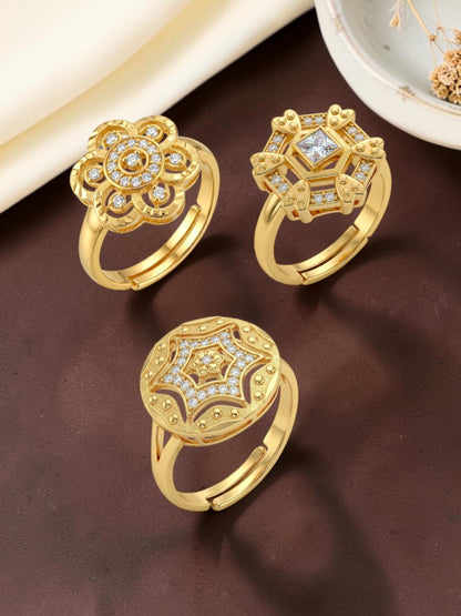 Gold Plated Adjustable Combo of 3 Rings for Women