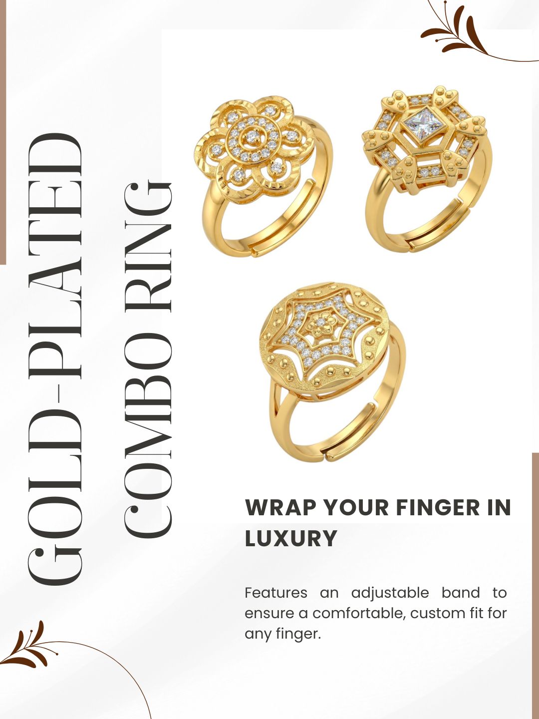 Gold Plated Adjustable Combo of 3 Rings for Women