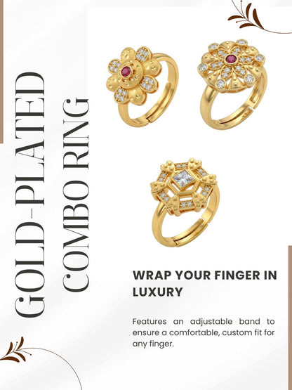 Gold Plated Adjustable Combo of 3 Rings for Women