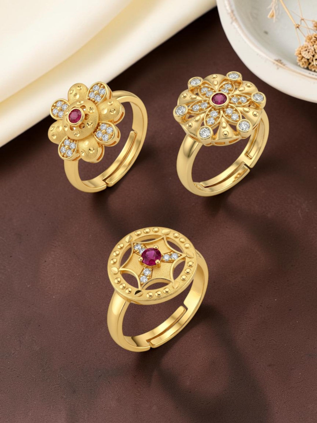 Gold Plated Adjustable Combo of 3 Rings for Women