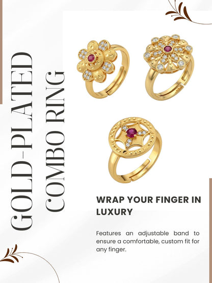 Gold Plated Adjustable Combo of 3 Rings for Women