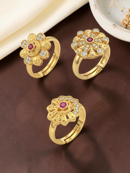 Gold Plated Adjustable Combo of 3 Rings for Women