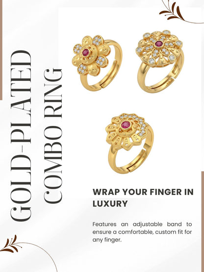 Gold Plated Adjustable Combo of 3 Rings for Women
