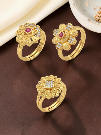 Gold Plated Adjustable Combo of 3 Rings for Women