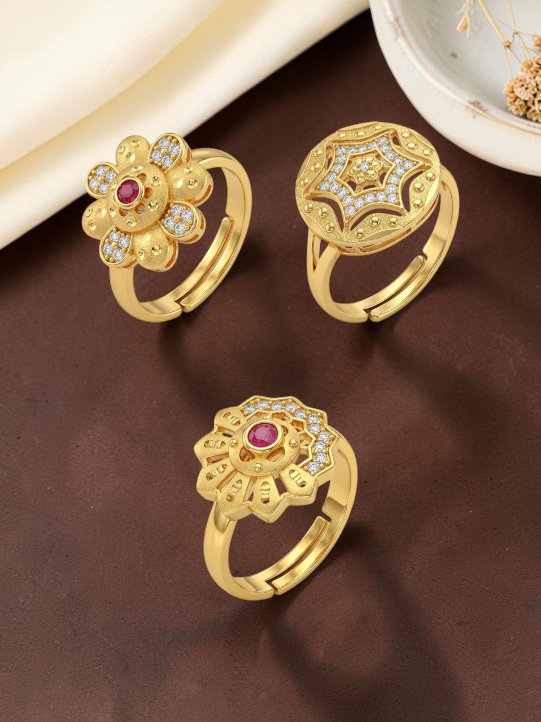 Gold Plated Adjustable Combo of 3 Rings for Women