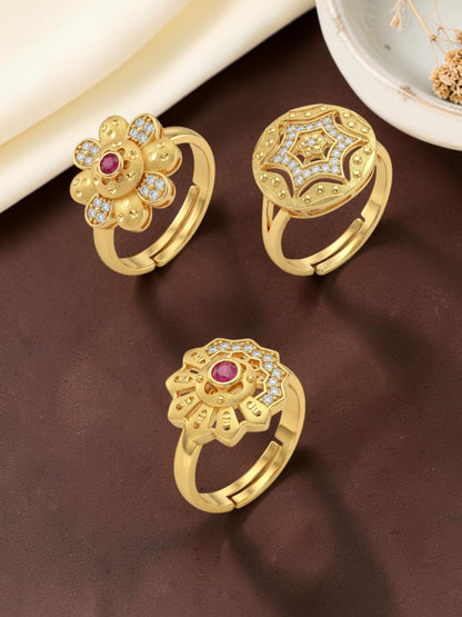 Gold Plated Adjustable Combo of 3 Rings for Women
