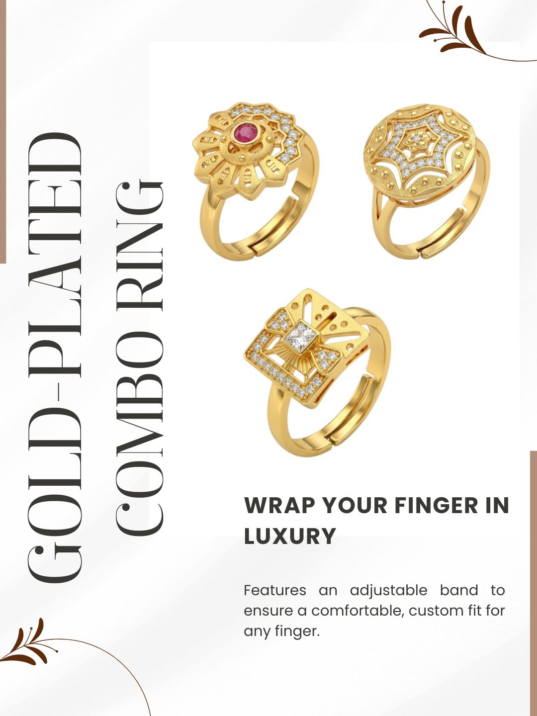Gold Plated Adjustable Combo of 3 Rings for Women