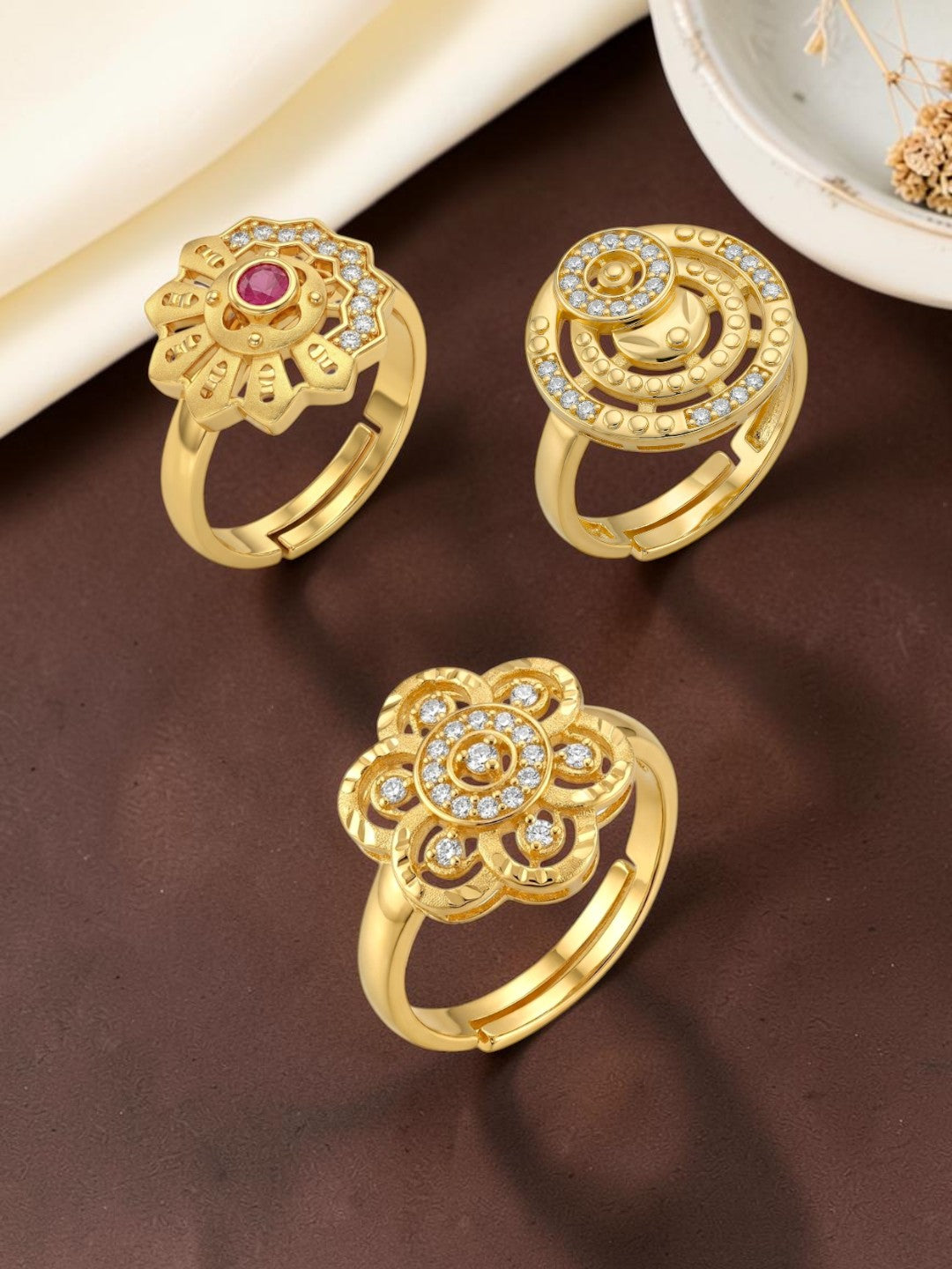 Gold Plated Adjustable Combo of 3 Rings for Women