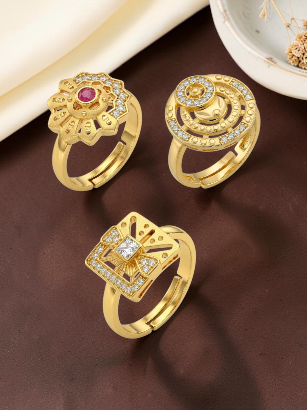 Gold Plated Adjustable Combo of 3 Rings for Women