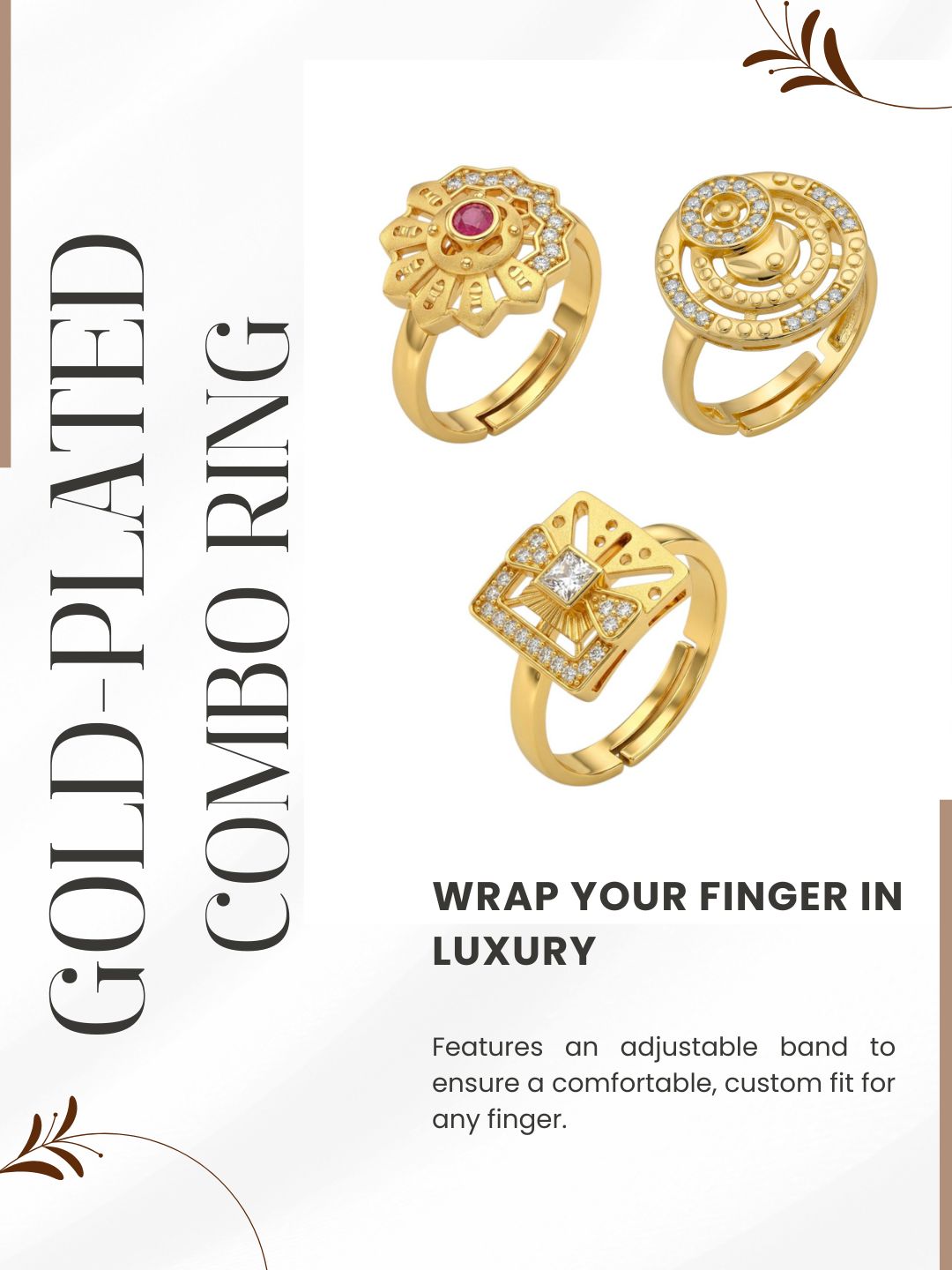 Gold Plated Adjustable Combo of 3 Rings for Women
