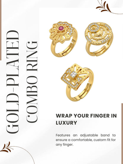 Gold Plated Adjustable Combo of 3 Rings for Women
