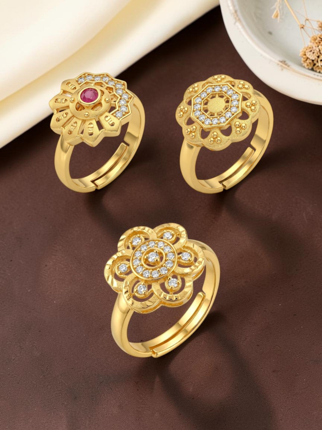 Gold Plated Adjustable Combo of 3 Rings for Women