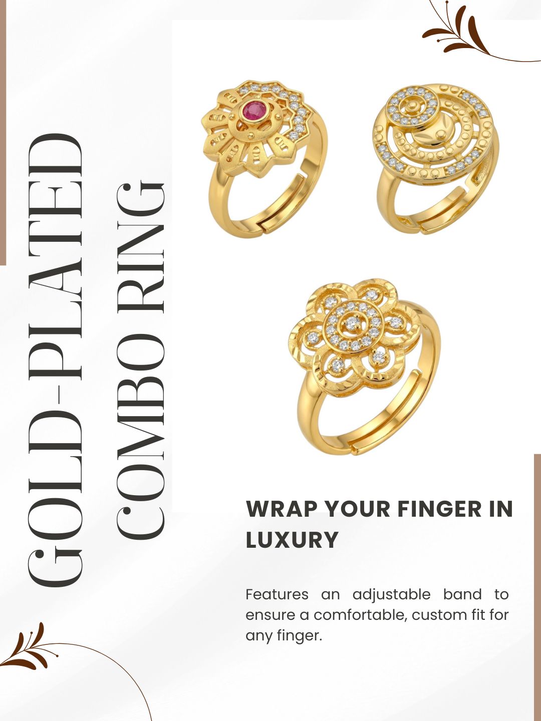 Gold Plated Adjustable Combo of 3 Rings for Women
