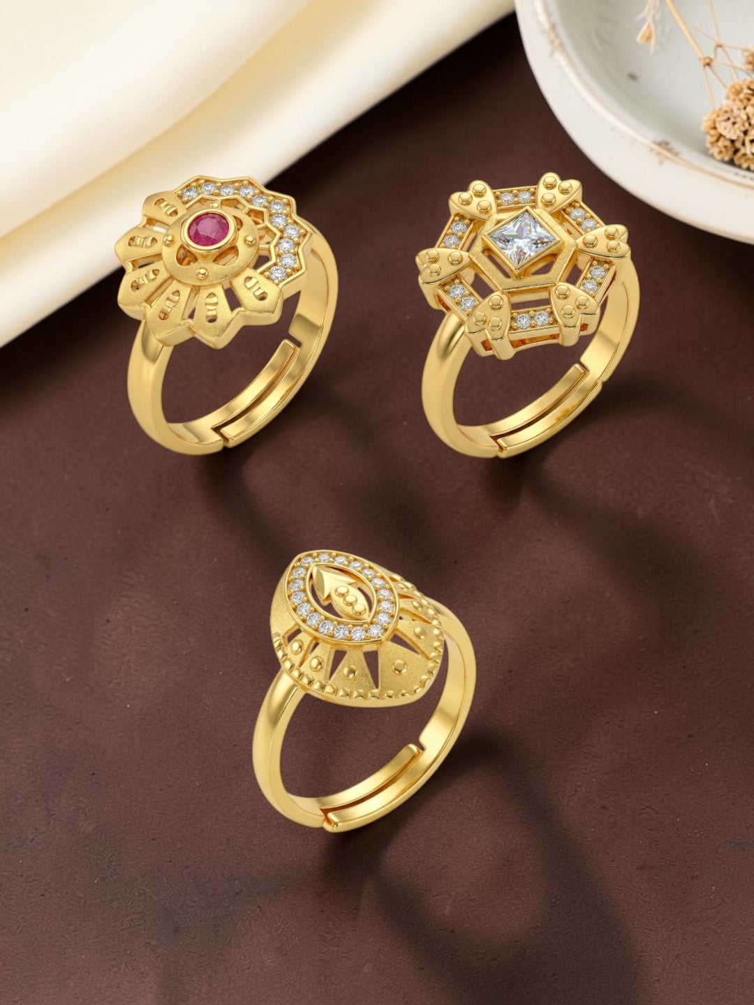 Gold Plated Adjustable Combo of 3 Rings for Women