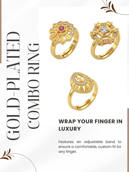 Gold Plated Adjustable Combo of 3 Rings for Women