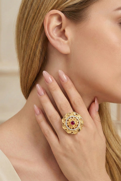 Classic Gold Plated Adjustable Ring with American Diamonds