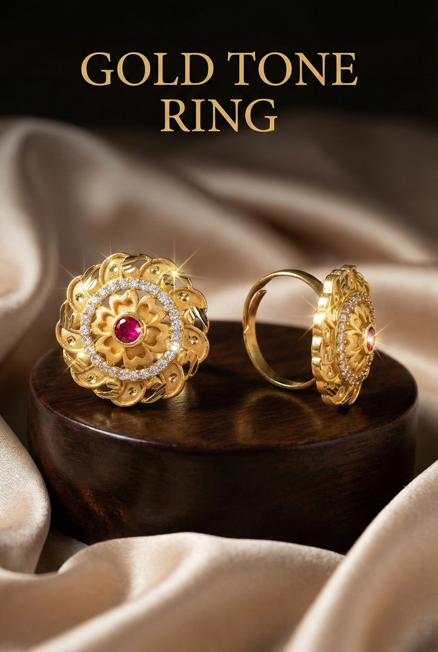 Classic Gold Plated Adjustable Ring with American Diamonds