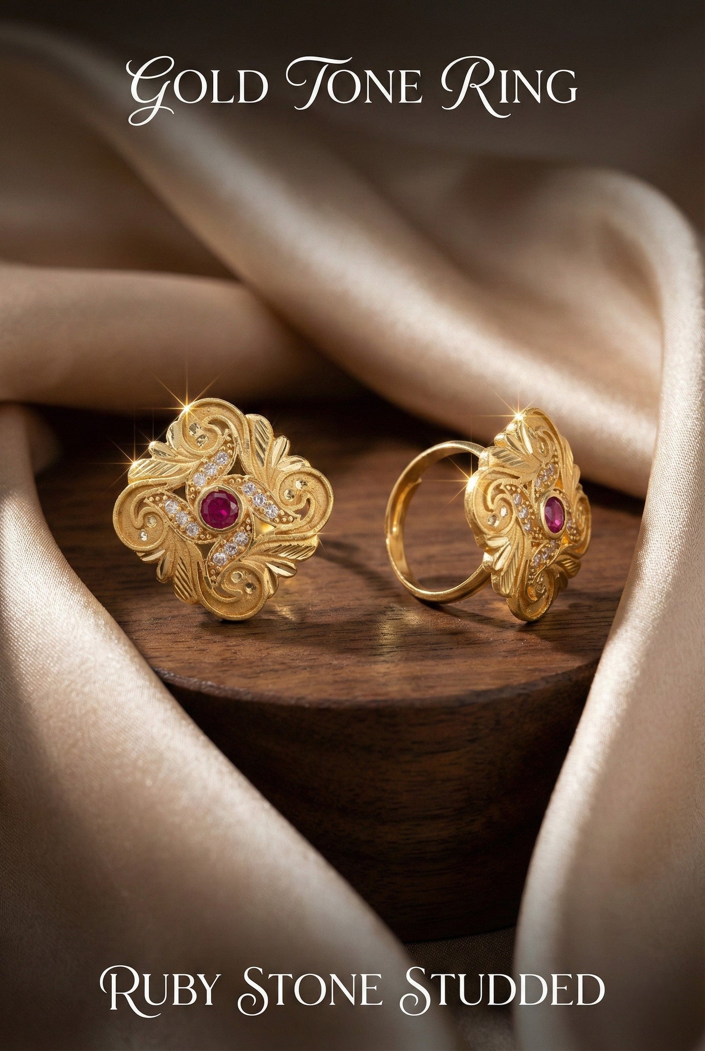 Classic Gold Plated Adjustable Ring with American Diamonds